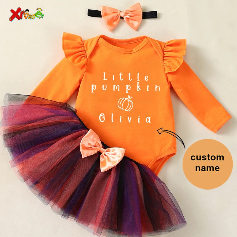 Halloween Outfit One Little Pumpkin Name My First Halloween Baby Girl 1st Ruffle Long Sleeve Romper Tutu Skirt Set Party Costume