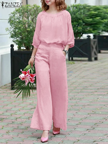 ZANZEA Autumn 2PCS Outfits Fashion Women Two Pieces Sets O Neck Long Sleeve Blouse Pant Sets Casual Solid Loose Work Tracksuits