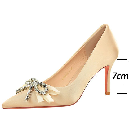 Luxury Women Pumps Rhinestone Bowknot High Heels Luxury Banquet Shoes Stiletto 7 cm 10 cm Heels Sexy Party Shoes Silks Satins