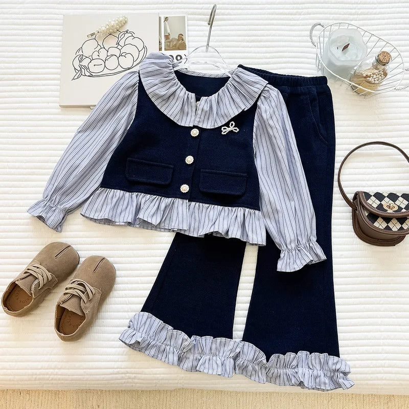 Girls' Spring and Autumn New Korean Style Striped Collared Shirt Long Sleeve Long Pants Two-Piece Set