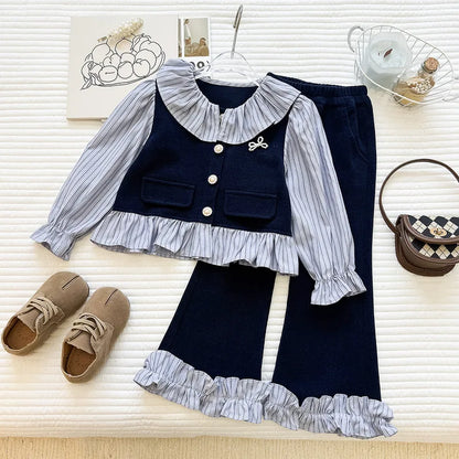 Girls' Spring and Autumn New Korean Style Striped Collared Shirt Long Sleeve Long Pants Two-Piece Set