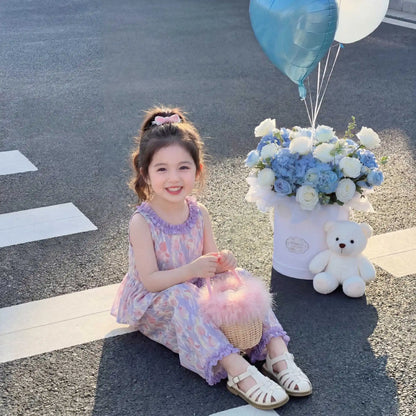 1Sets Girls Thin Flower Print Set Kids Summer Sleeveless Top And Long Pants Suit Baby Fashion Costume Cute Children Beach Sets