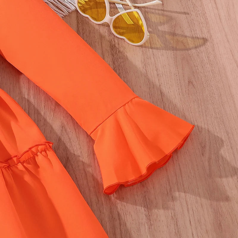 Summer Children Dress Casual Princess Dresses For 8-12 Years Kids Girls Orange Lapel Long-Sleeved Dress With Belt Cute Clothes