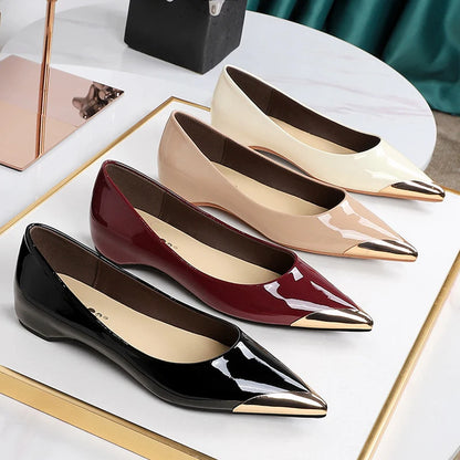 BIGTREE Shoes Low Heeled Women's Shoes Patent Leather Wedge Heels Women Pumps Metal Pointed Tip Luxury Banquet Shoes Fashion