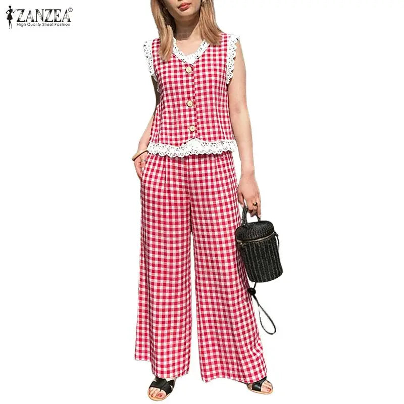 ZANZEA Women's Vintage Casual Pant Sets Wide-Leg Pant & Lace Trim Vests Tops Gingham 2 Pieces Sets Summer Pant Suits Outfits