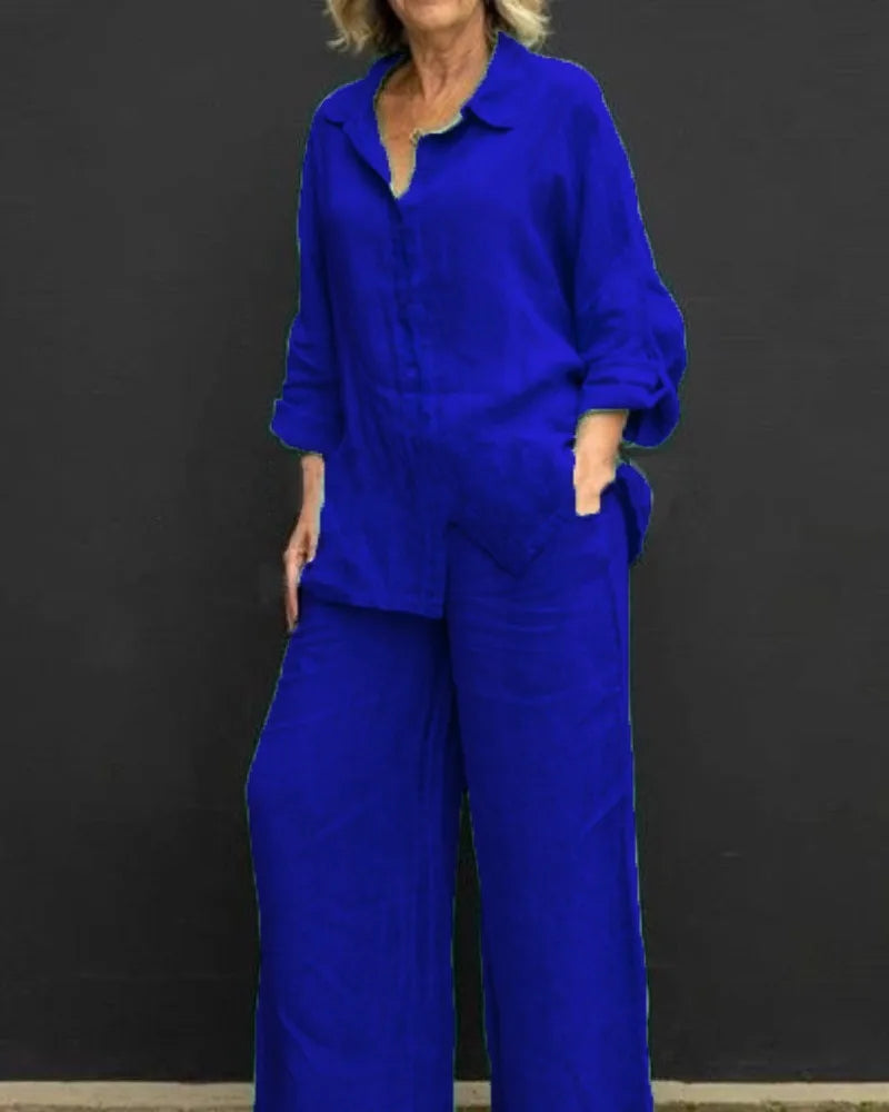 Spring and Summer Suit Women's Lapel Long-sleeved Loose Shirt High Waist Wide-leg Pants Casual Two-piece Set