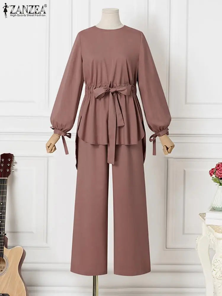 ZANZEA Muslim Women Matching Sets Long Sleeve Solid Color Tops And Loose Pant Suits Elegant Fashion Casual Tracksuit Kaftan 2025