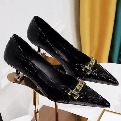 BIGTREE Shoes Metal Chain Decoration Women Pumps Patent Leather Kitten High Heels 4.5 Cm Ladies Shoes Sexy Women Heels Office