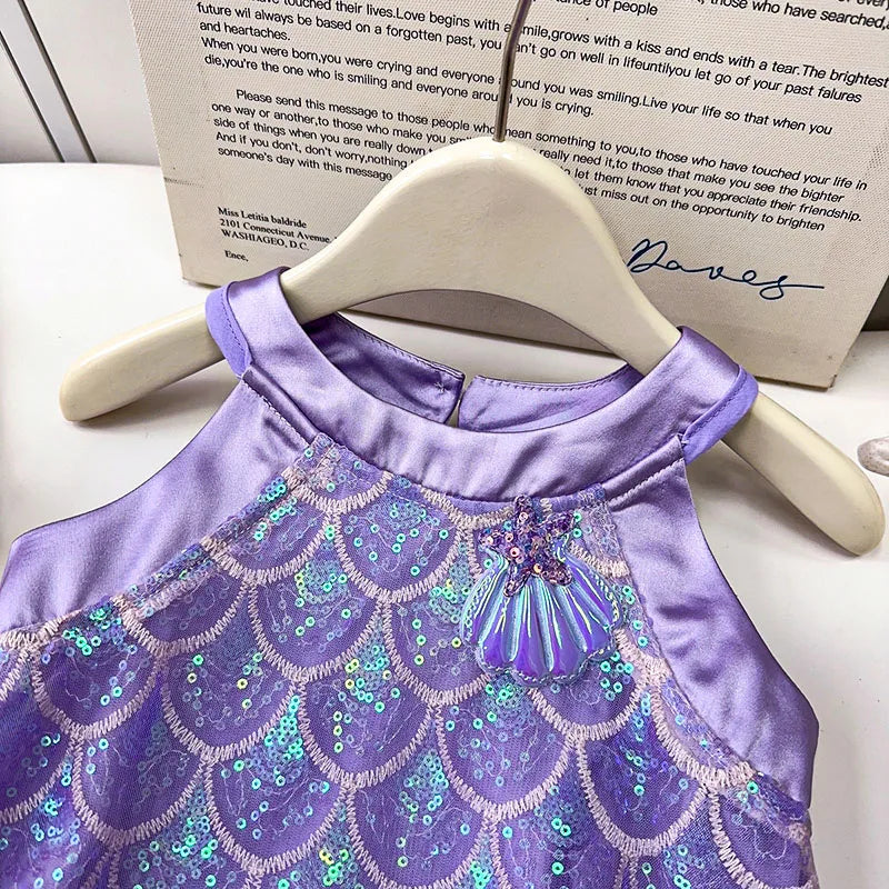 Sequins Mesh Dress For Girls Kids Summer Dress Children Fishtail Gauze Skirt For Party Night Graduation Ceremony Birthday Prom