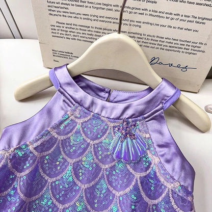 Sequins Mesh Dress For Girls Kids Summer Dress Children Fishtail Gauze Skirt For Party Night Graduation Ceremony Birthday Prom
