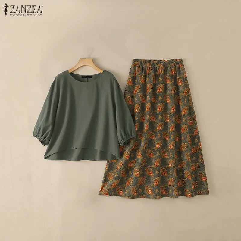 ZANZEA Autumn Bohemian Outfits Women 2 Pieces Sets 3/4 Lantern Sleeve Blouse Floral Print A-Line Maxi Skirt Casual Holiday Suit