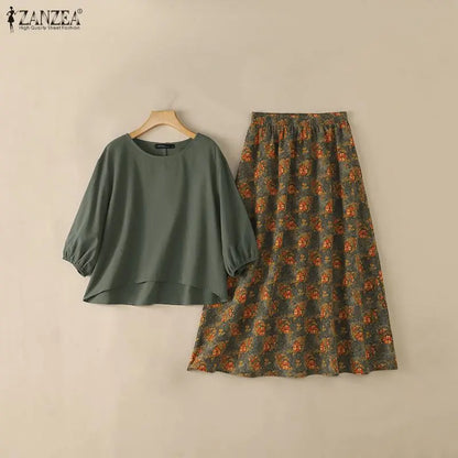 ZANZEA Autumn Bohemian Outfits Women 2 Pieces Sets 3/4 Lantern Sleeve Blouse Floral Print A-Line Maxi Skirt Casual Holiday Suit