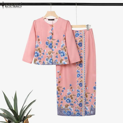 ZANZEA Autumn Outfits Dress Sets Floral Print Elegant 3/4 Sleeve Buttons Up Tops With A Line Skirt Two Piece Sets Oversize