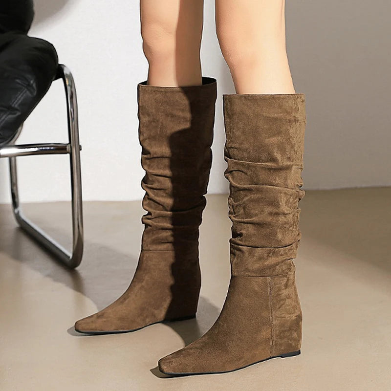 BIGTREE Shoes Women Knee-High Boots Pleated Design Suede Long Boots Pointed Women's Boots Comfortable Autumn And Winter Boots