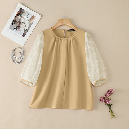 ZANZEA Sophisticated Elegant Floral Fil Coupe Patchwork 3/4 Sleeve Blouses Women Gathered O-Neck Top Solid Color Blusas de Mujer