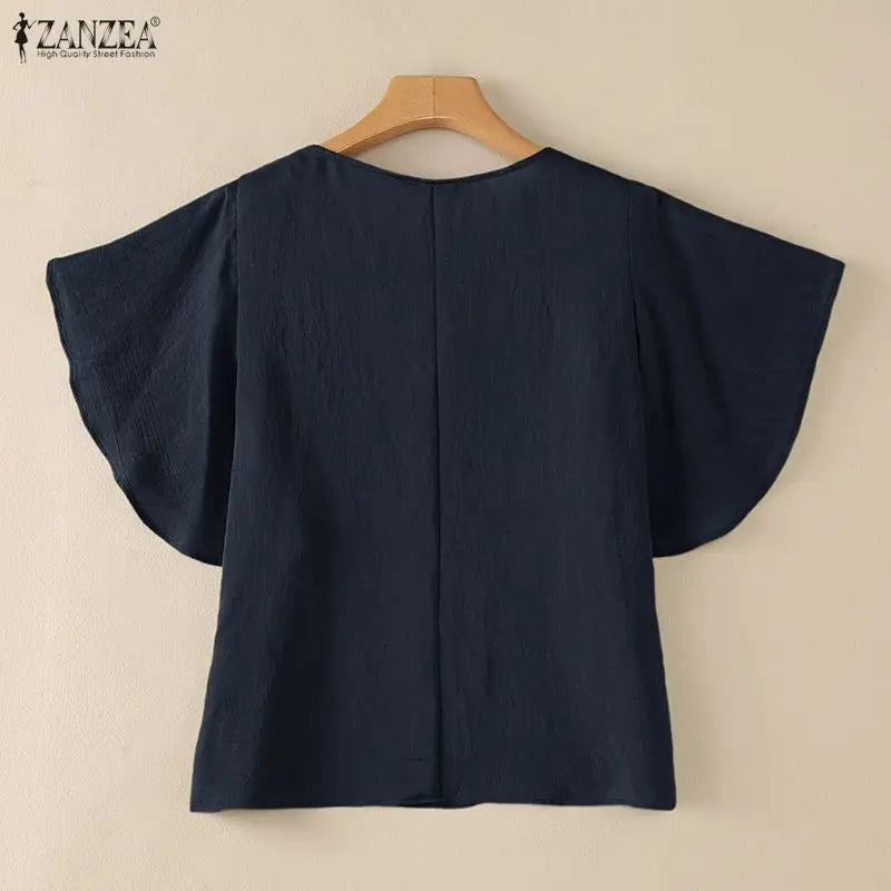 ZANZEA Women Elegant Bow Detail Blouses Summer Square Neck Ruffle Sleeves Solid Color Pullover Tops Casal Loose Blusas de Mujer