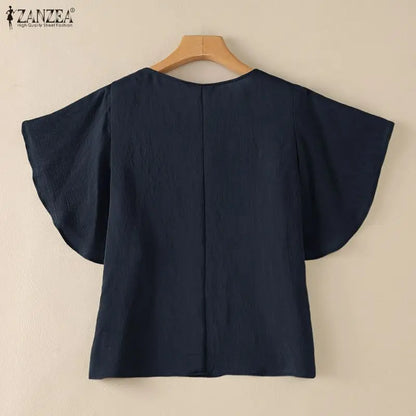ZANZEA Women Elegant Bow Detail Blouses Summer Square Neck Ruffle Sleeves Solid Color Pullover Tops Casal Loose Blusas de Mujer
