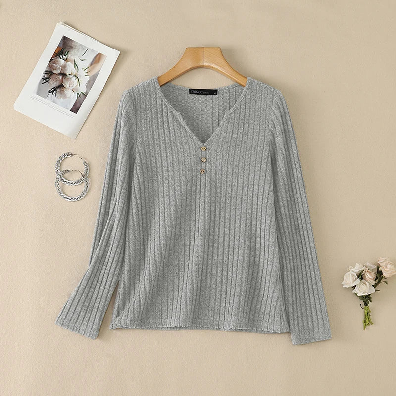 ZANZEA Women Ribbed Knit T-Shirts Casual V-Neck Long Sleeve Regular Fit Solid Color Blouses 2026 Autumn Daily Wear Pullover Tops