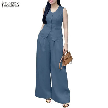 ZANZEA Women's Old Money Pant Suits Vintage U-Neck Vest Tops & Wide-Leg Pants 2 Pieces Sets Summer Office Commute 2pcs Outfits