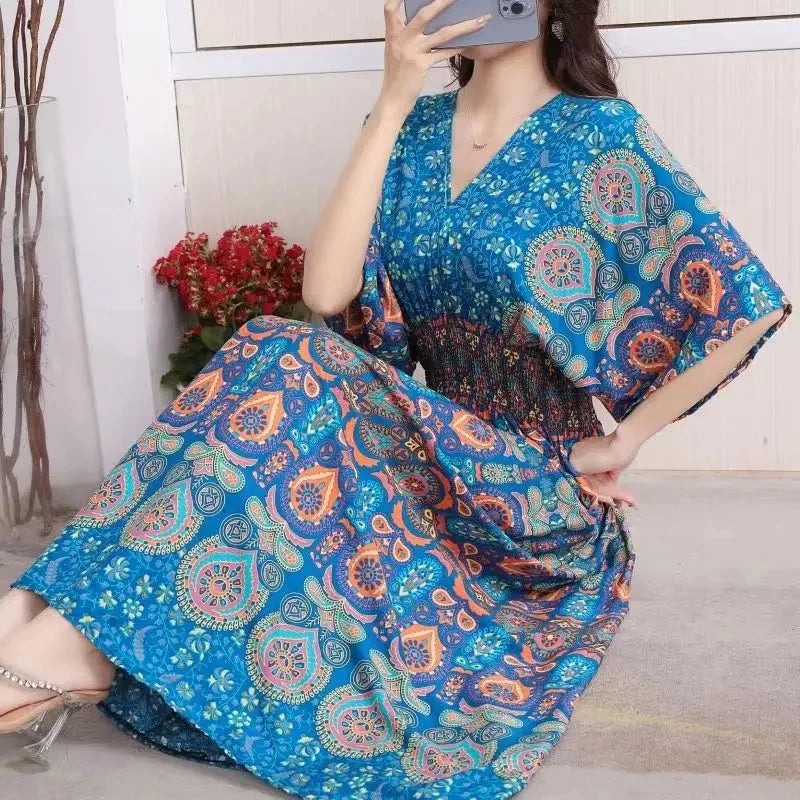 Casual Elegant Retro Bohemian National Style V-neck Elastic  Waist Large Swing Printed Summer Long Skirt Woman Dress Clothes