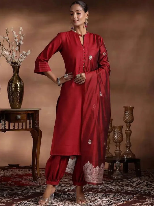 Indian Women's Clothing New Ethnic Style Red Spring Summer V-neck Cotton Blend Three-quarter Sleeve Jacquard Three-piece Set