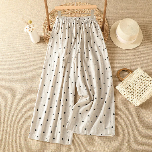 Summer New Polka Dot Wide Leg Pants Elastic Waist Loose Harem Pants Cotton Material Commute Style Ladies plus Size Trousers
