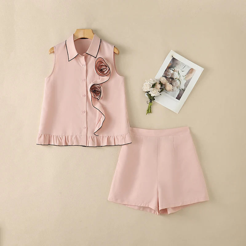 ZANZEA Women Summer 2-Piece Short Sets Fabric Flower Sleeveless Shirts & Elastic Waist Shorts Matching Sets Casual Daily Co-ords