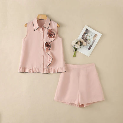 ZANZEA Women Summer 2-Piece Short Sets Fabric Flower Sleeveless Shirts & Elastic Waist Shorts Matching Sets Casual Daily Co-ords