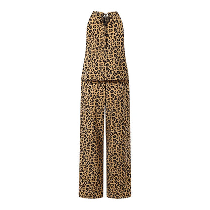 Stylish Women 2 Pieces Sets Leopard Print Holiday Outfits ZANZEA Summer Halter Sleeveless Tanks Tops Beach Pant Sets Streetwear