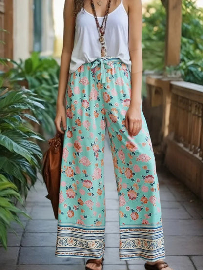 Vintage Chic Fashion Women Floral Print Wide Leg Bohemian Pants Lady Sashes Loose Rayon Boho Long Pant Trousers Streetwear