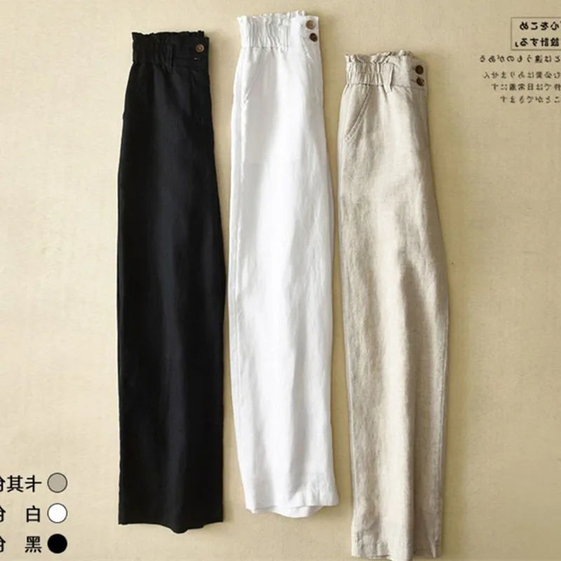 Summer Thin High Waisted Flax Wide Leg Pants Female Solid Color Flower Bud Waist Straight Leg Trousers Lady Cotton Linen Pant