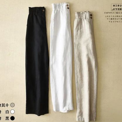 Summer Thin High Waisted Flax Wide Leg Pants Female Solid Color Flower Bud Waist Straight Leg Trousers Lady Cotton Linen Pant