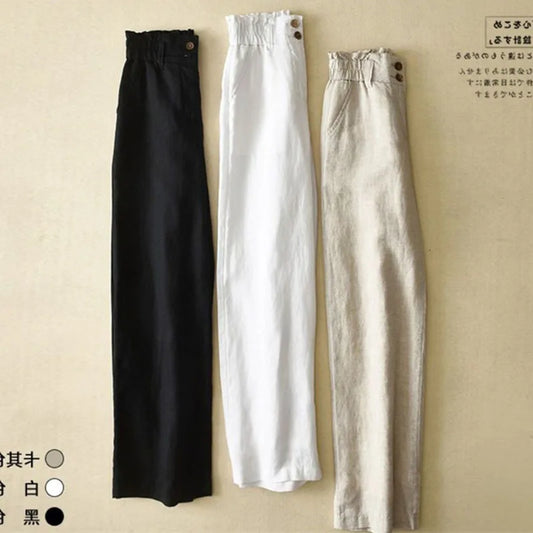 Summer Thin High Waisted Flax Wide Leg Pants Female Solid Color Flower Bud Waist Straight Leg Trousers Lady Cotton Linen Pant