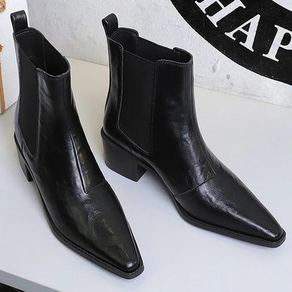 2026 New Women Chunky Heel Chelsea Boots Leather Shoes Pointed Women's Ankle Boots Fashion Women Short Boots Autumn Winter Boots