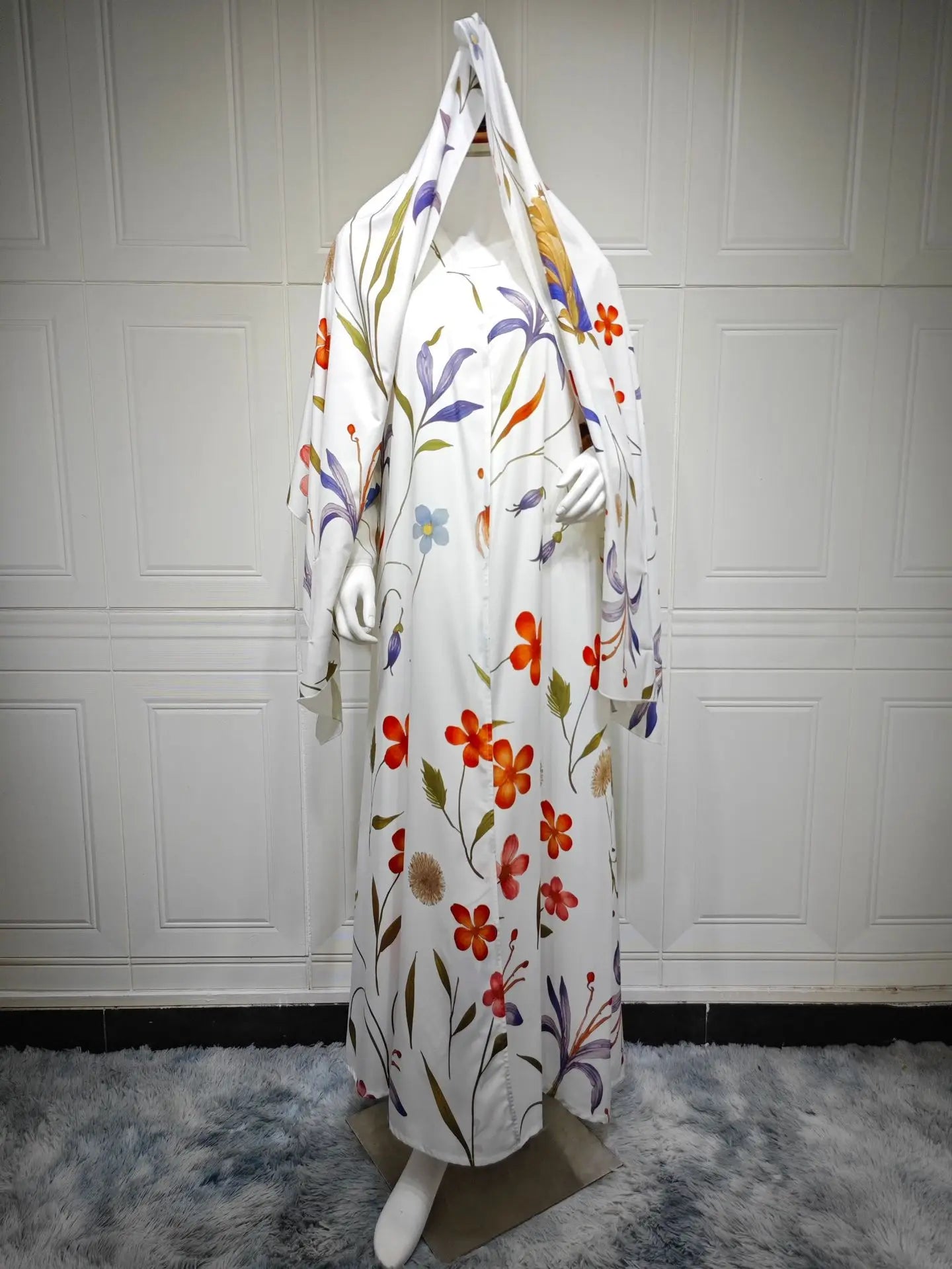 Eid Scarf Abaya Women 2 Piece Set Elegant Muslim Jalabiya Long Cardigan Dress Dubai Style Morocco Caftan for Ramadan Party Arab