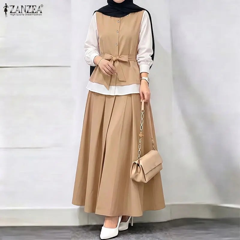 ZANZEA Autumn Outfits Elegant Long Sleeve Patchwork Blouse A Line Pleated Maxi Skirt Suit Women Muslim Two Piece Sets Ramadan
