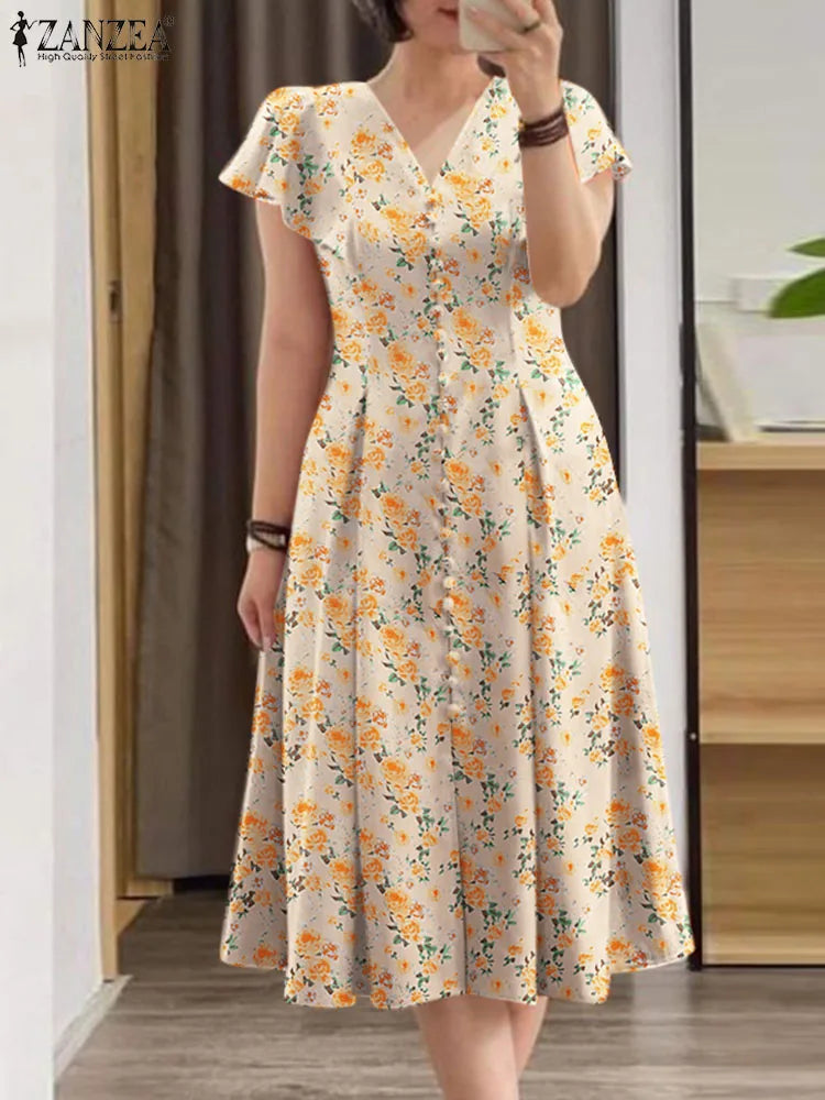 ZANZEA Bohemain Printed Dresses Summer Elegant Floral Dress Women Short Sleeve Party Sundress Robe Femme Causal Holiday Vestidos