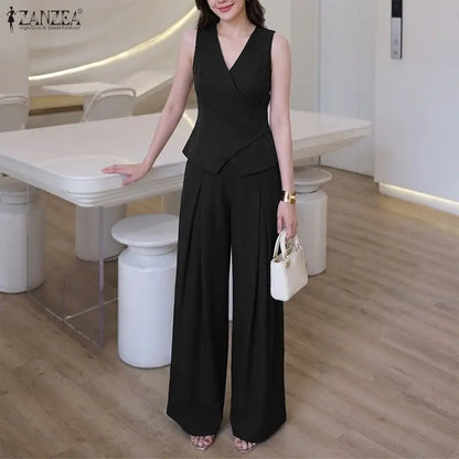 ZANZEA Women Casual Chic 2-Piece Pant Sets Sleeveless Wrapped Tops & Wide Leg Pants Matching Sets Office Lady Work Wear Co-ords