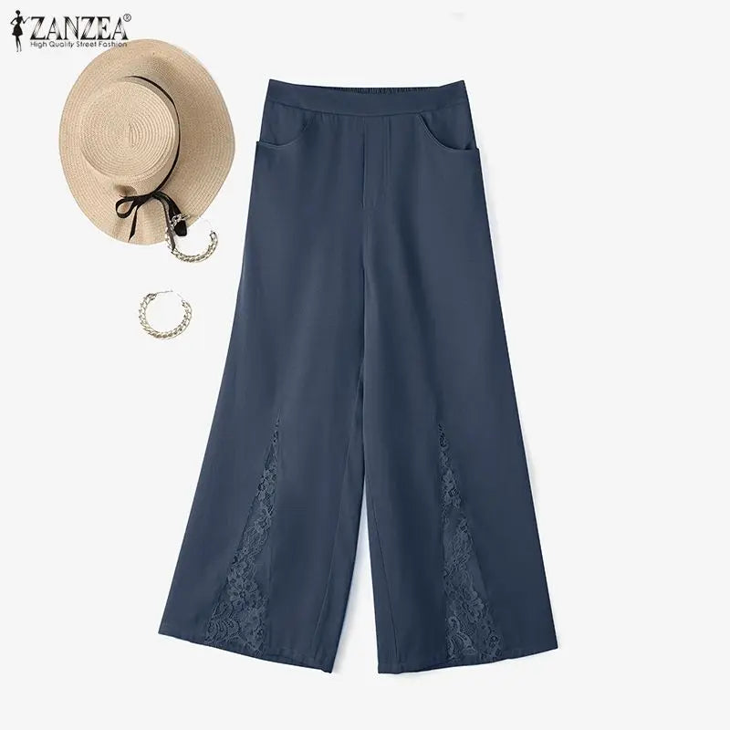ZANZEA Fashion Lace Patchwork Women Pants Wide Leg Pants Long Trousers Summer Autumn Bottoms S-3XL Streetwear