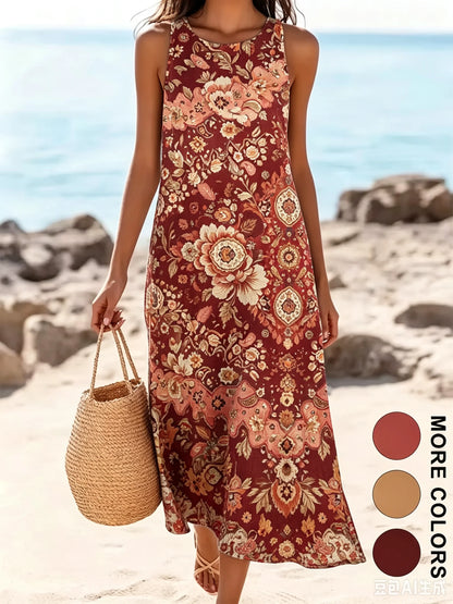 2026 Women's Sleeveless Bohemian Floral Casual Beach MIDI Sundress With Pockets Flowing and Loose Sweetheart Rustic Country