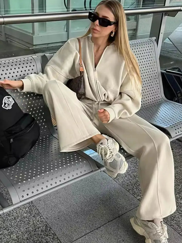HH Women's 2-piece Retro Solid Color Zipper Bomber Jacket Sweatshirt + High-waisted Lace-up Women's Loose Velvet Pants Suit