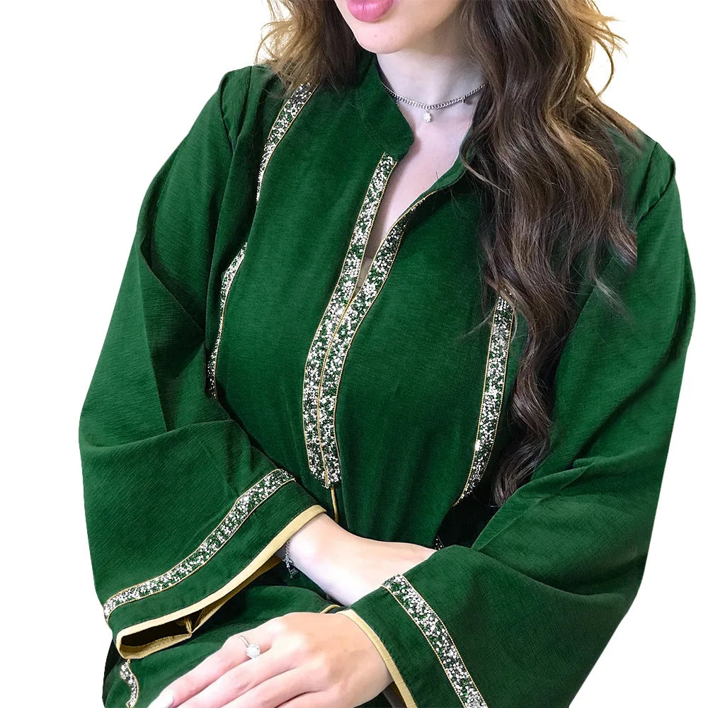 Morocco Abaya Women Dress Diamond Tape Trim Maxi Dress Autumn 2026 Stand Collar Long Sleeve Loose Oman Turkey Dubai Muslim Robe