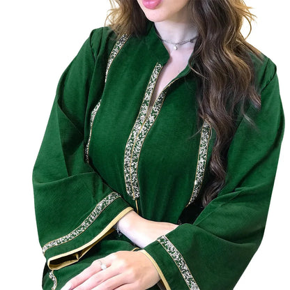 Morocco Abaya Women Dress Diamond Tape Trim Maxi Dress Autumn 2026 Stand Collar Long Sleeve Loose Oman Turkey Dubai Muslim Robe