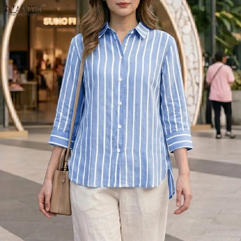 ZANZEA 2026 Woman Striped Shirts Turn-Down Collar 3/4 Sleeve Button Up High-Low Blouses Autumn Casual Commute Work Chemise Femme