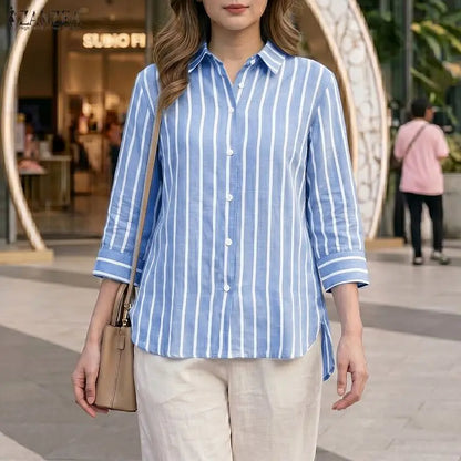 ZANZEA 2026 Woman Striped Shirts Turn-Down Collar 3/4 Sleeve Button Up High-Low Blouses Autumn Casual Commute Work Chemise Femme