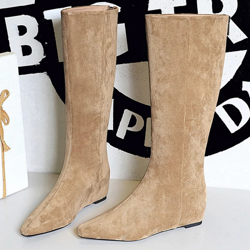 Fashion Women Knee-high Boots Rear Zipper Design High Boots Wedges Long Boots Autumn Winter Shoes Suede Square Head Women Boots