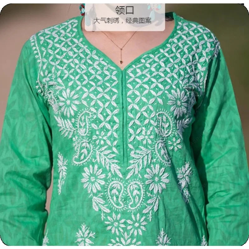 Women's Embroidered Kurti Indian/Pakistani Tunic Top Spring Summer Thin Traditional South Asian Dress Top Green Blouse Cotton