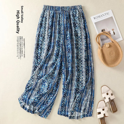 High Waist Cotton Linen Casual Pants Nine Points Summer Stripes Loose Wide Leg Trousers for plus Size Women Casual Loose Fit