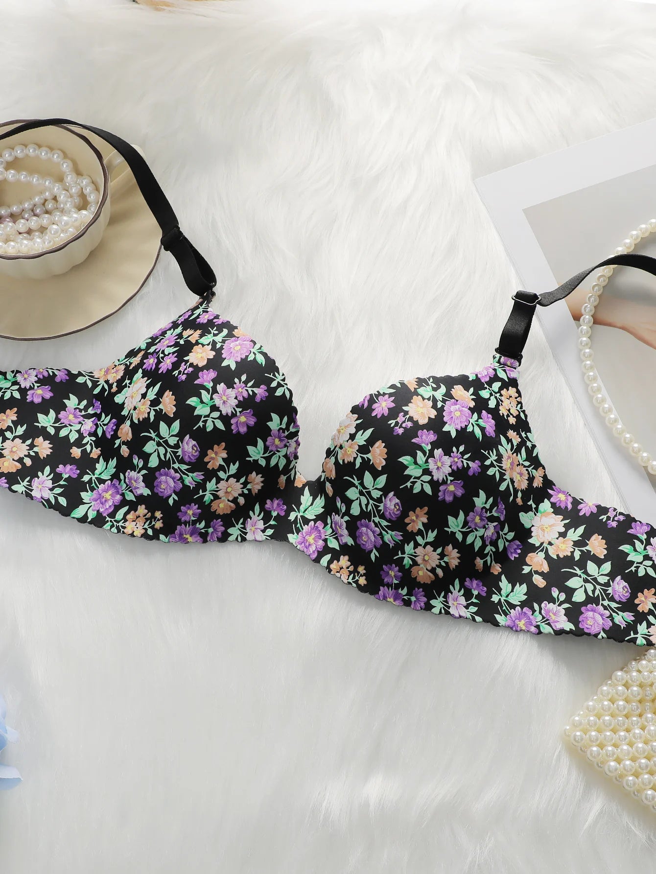 Women's Sexy One-piece Bra With Small Floral Patterns Without Steel Rings Gathered Push Ups Daily Comfortable Underwear A5033