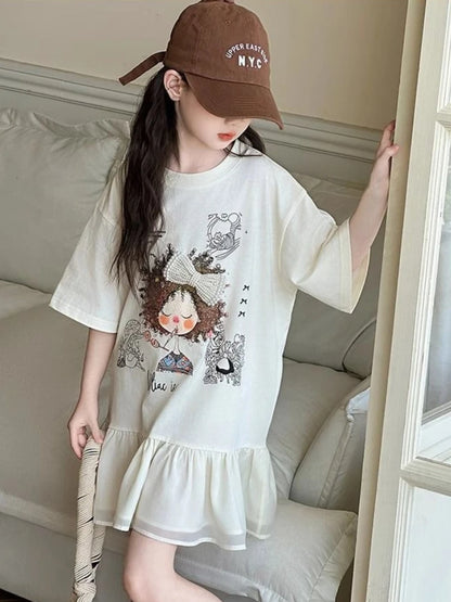2026 New Girls Summer T-Shirt Princess Style Loose Fit Short Sleeve Top Cute Fashion Kids Casual Tee for Warm Days